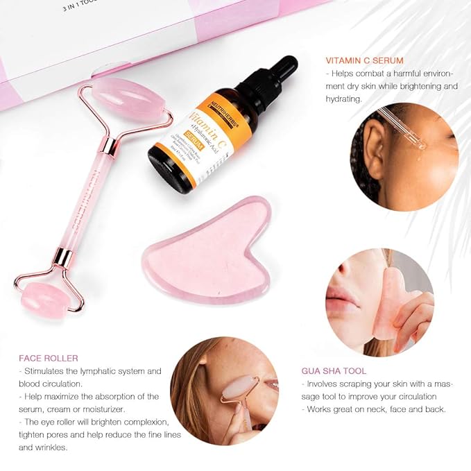NEUTRIHERBS Jade Gua Sha & Face Roller & Vitamin C Serum Facial Tool Set(3 in 1 Kit), Home Face Massager for Wrinkle,Fine Line,Puffiness,Firm Smooth Relax Skin -- Pink