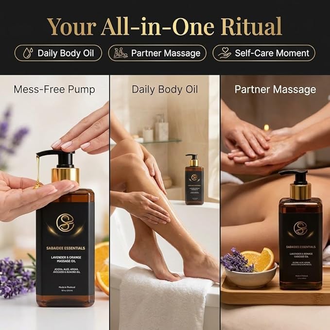 Aromatherapy Massage Oil - Lavender Oil & Orange 10 Fl Oz - Thai Body Oil for Massage Therapy with Jojoba, Avocado, Argan, Aloe, Almond - Relaxing Body Care & Self-Care