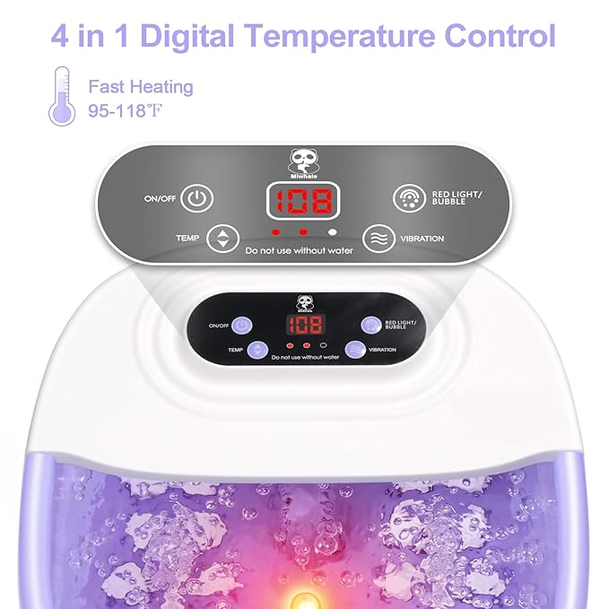 Foot Spa Bath Massager with Heat Bubbles and Vibration Massage and Jets, 16 OZ Calming Lavender Foot Soak Epsom Salt, Miwhale Foot Soaker With Red Light, 22 Massage Rollers, Adjustable Temp -Purple