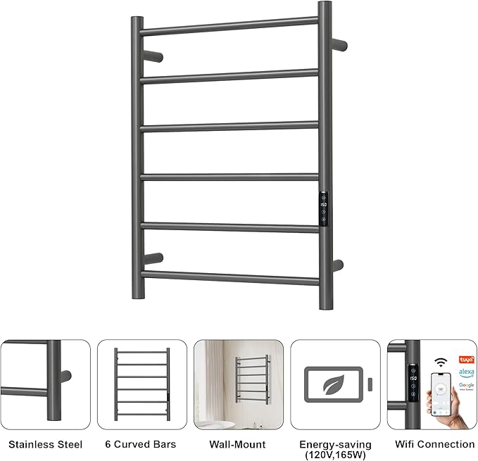 Electric Towel Rack with Voice Control for Alexa & Google Home,TUYA - Wall-Mounted Bathroom Heating Towel Warmer,Plug-in,Stainless Steel Material (Gungrey with WiFi, 6 Bar)