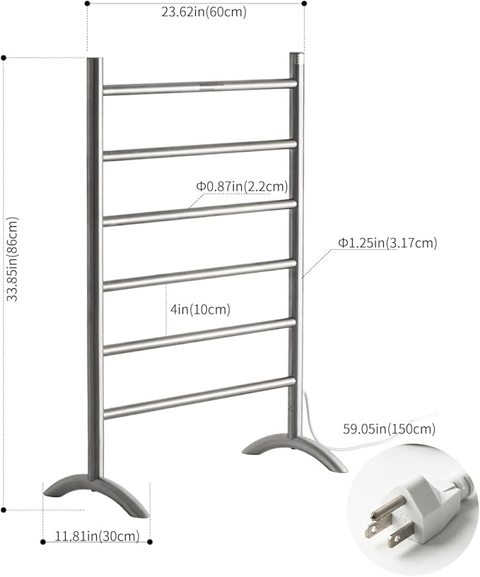 Freestanding Towel Warmer 6 Bars Plug-in Option 3 Working Modes with Top-Mounted Timer Brushed Stainless Steel 24” W 34” H