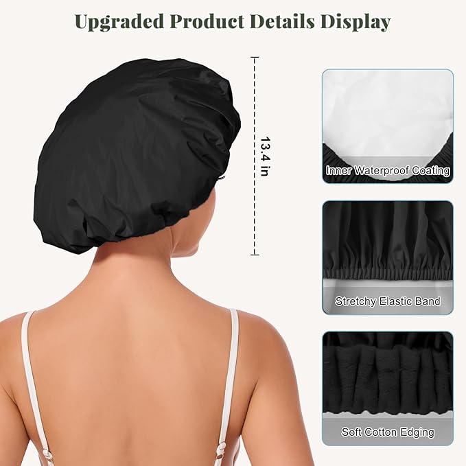 Shower Cap for Women Waterproof Reusable, Large Shower Cap Non-Slip with Elastic Band, Washable Bath Hair Hat for Long Hair, Braids (Black)