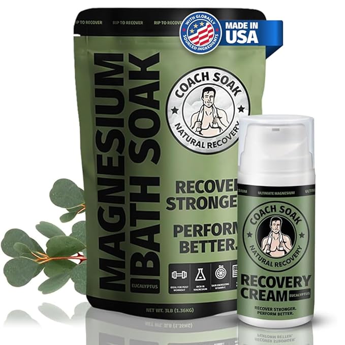 Coach Soak Recovery Bath Soak & Magnesium Cream - Bath Salt (3 lb) & Magnesium Lotion (3.4 oz) - Natural Recovery Cream & Fast-Absorbing Pure Flakes for Relaxing Muscle Support, Eucalyptus
