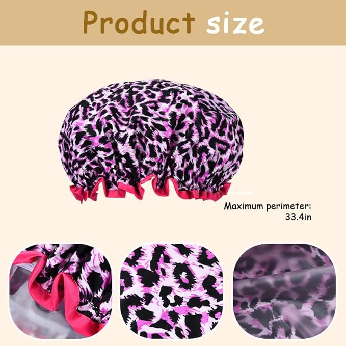 Womens Pink Leopard Print Shower Caps for Women Trendy Large Washable Lined Shower Cap for Braids Ladies Leopard Print Bathing Cap for Long Short Hair Plastic Bath Caps for Women Reusable Waterproof