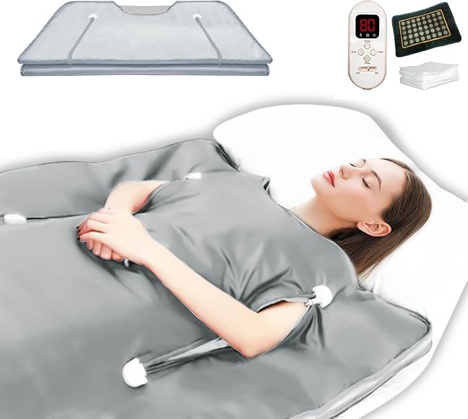 Natural Jade and Tourmaline Heat Sauna Blanket Infrared Zipper Oxford Cloth Upgraded Version Professional Detox & Heat Therapy Blanket with Remote (US 110V,71×32 Inches)