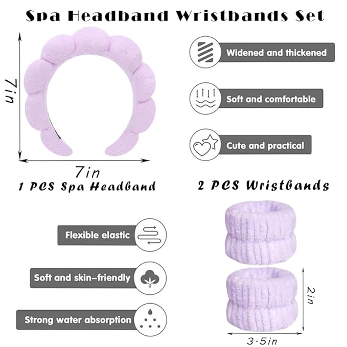 Spa Headbands for Washing Face Wristband Set Sponge Makeup Skincare Headband Wrist Towels Bubble Soft Terry Towel Cloth Hairband for Women Puffy Headwear Non Slip Thick Thin Hair Headwear (Lilac)