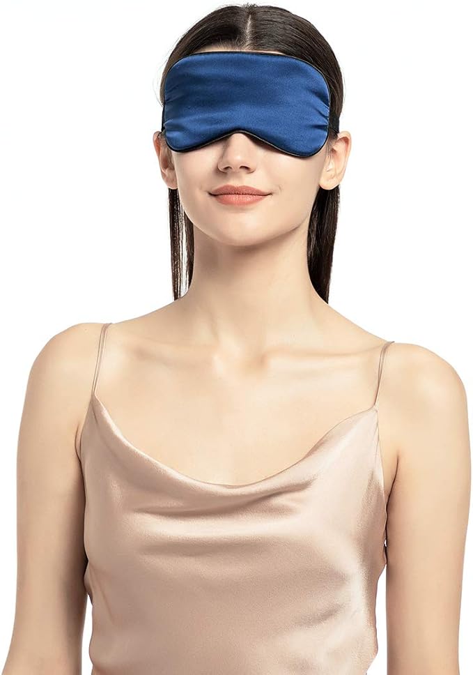 100% Mulberry Silk Sleep Mask Blackout, Cute Natural Sleeping Mask with Adjustable Elastic Strap, Satin Eye Cover for Men Women Adults (Navy Blue)