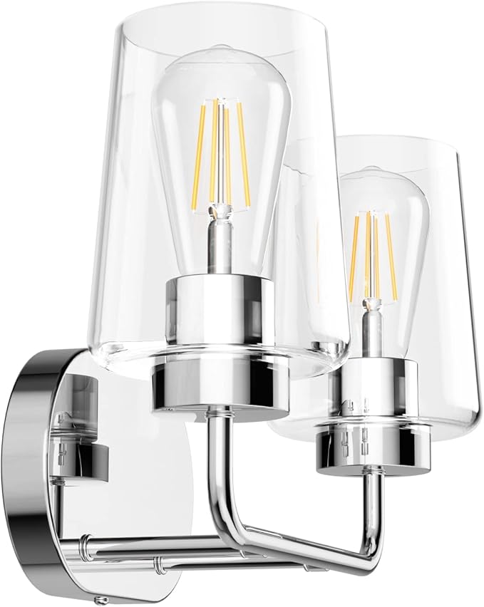 Tipace Chrome Vintage Bathroom Vanity Light,2 Lights Modern Stainless Steel with Clear Glass Bathroom Light Fixtures Industrial Wall Mount Lighting Sconce(Exclude Bulb)
