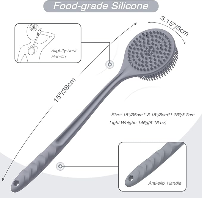 Manmihealth Silicone Back Scrubber (Thick Bristles) & Bath Glove & Face Brush Set (3PCS), Super-Exfoliating & Lathering Body Scrubber, Shower Brush, Face Scrubber Combination, with a Free Hook (Gray)