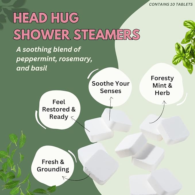 Head Hug Shower Steamers Aromatherapy for Relief - USA Made Mothers Day Gift for Mom - Peppermint & Rosemary Shower Bomb Tablets – Soothing Natural Essential Oils (10 Pack)