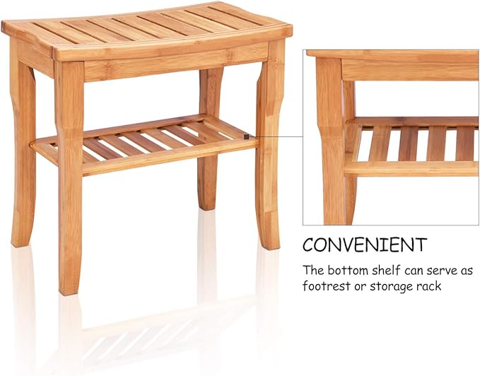 Giantex Bamboo Shower Bench Seat with Storage Shelf, Shower Spa Chair Seat Bench Organizer Stool for Indoor or Outdoor
