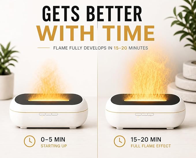 AquaAura Flame Effect Diffuser, 160ml Essential Oil Diffuser with Realistic Flame Mist, 7 LED Colors, Timer & Auto Shut-Off for Bedroom, Home, Office