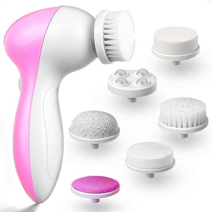 Facial Cleansing Brush Face Scrubber, 7-in-1 Electric Spin Cleanser Brushes with 6 Brush Heads for Deep Cleansing, Gentle Exfoliating, Removing Blackheads, Massaging (White & Pink)