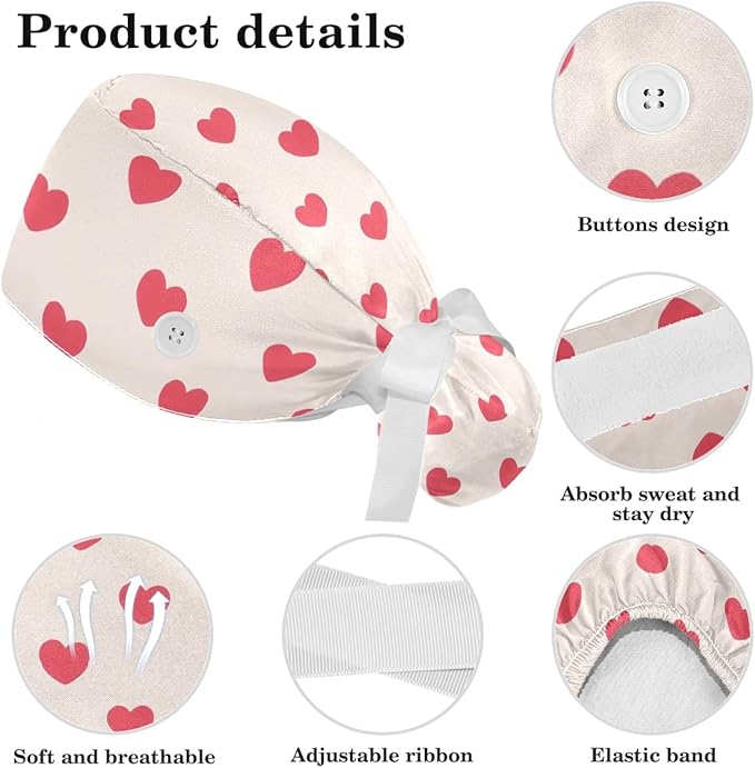 Scrub Caps Women Ponytail Cute Pink and White Leaves Caps Bouffant Working Hat Elastic Tie Back Hats with Button