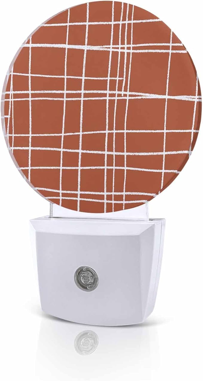 Night Lights Auto Sensor Orange Checked Plaid Night Light Minimalist Grid Lines Round Lamp Plug-in LED Nightlights Dusk to Dawn for Living Room Bedroom Bathroom Hallway Wall Decor