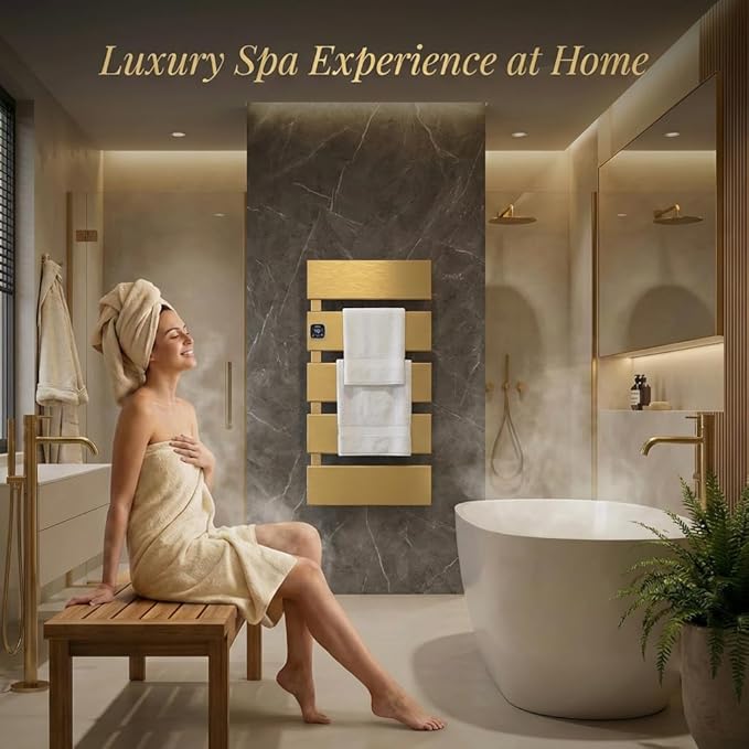 Electric Towel Warmer, Heated Towel Rack with Thermo Control and Timer, Fast Heating Towel Rail for Bathroom with Memroy Function, Work with Smart Plug, Left-Wiring, 5 Panel, Gold