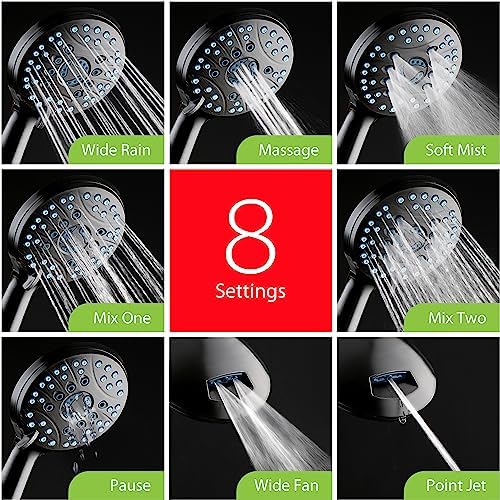 AquaCare High Pressure 8-mode Handheld Shower Head - Anti-clog Nozzles, Built-in Power Wash to Clean Tub, Tile & Pets, Extra Long 6 ft. Stainless Steel Hose, Wall & Overhead Brackets - Image 4