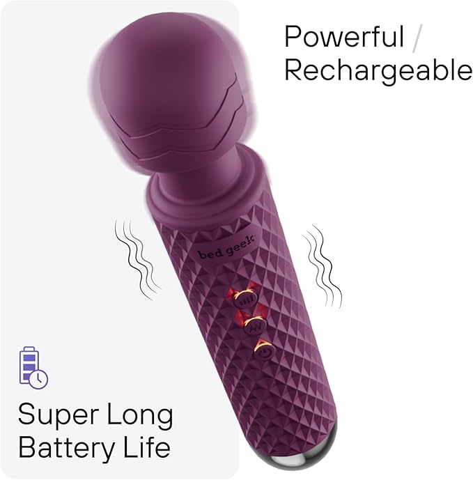 bed geek Handheld Cordless Personal Wand Massager – Waterproof, USB Rechargeable, 20 Vibration Patterns, 8 Speeds, Memory Feature, Skin-Soft Silicone for Ultimate Relaxation Tool