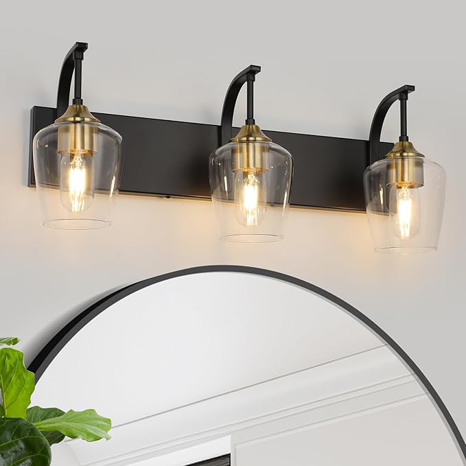 Black 3-Light Vanity Light with Clear Glass Shades, 23.62'' Industrial Black Gold Bathroom Wall Lights for Bedroom Hallway Living Room Kitchen