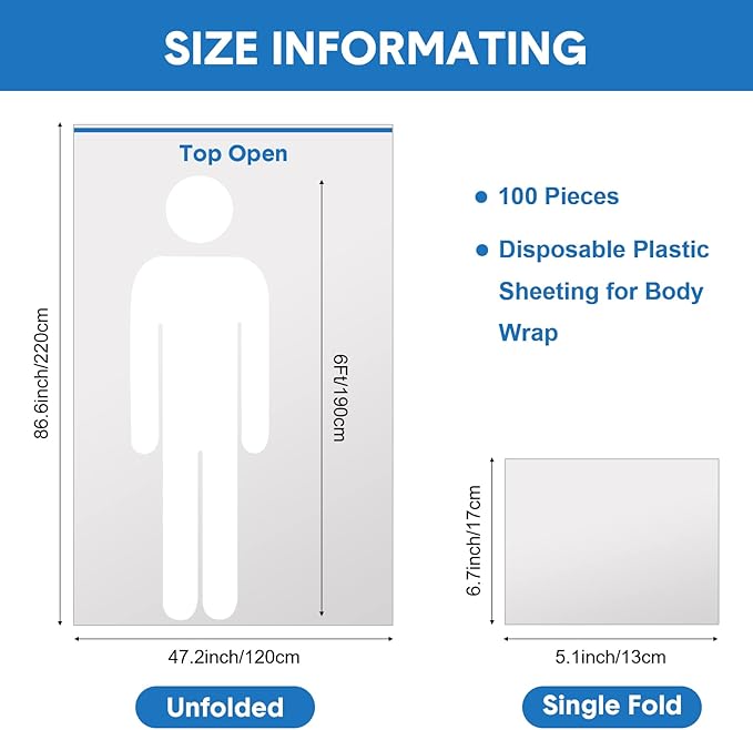 Mimorou 100 Pack Disposable Sauna Blanket Sauna Bag Liners Plastic Sheeting for Body Wrap 87 x 47 Inch Thicken Bag Infrared Blanket for Beauty Salon Spa Accessories