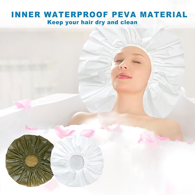 Extra Large Shower Cap 2 PCS Waterproof Shower Caps for Women, Super Jumbo Shower Cap, Reusable Super Large Bath Caps Hair Cap for Long Thick Curly Hair, Locs, Twist Braids - Green + White