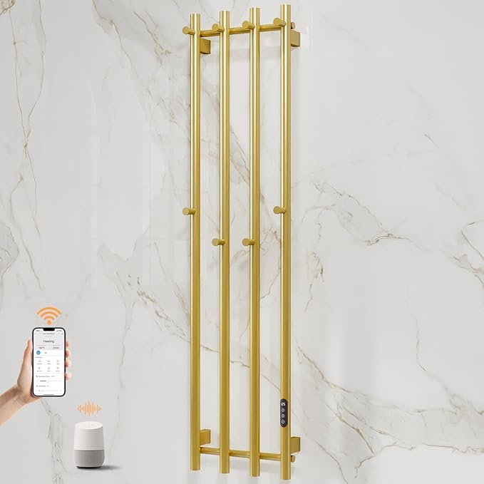 ENZE Smart Heated Towel Rack, Wall Mounted Electric Towel Warmer 300W for Bathroom, WiFi App Control, LED Touch Screen, Adjustable Temperature, 24H Timer, Vertical Model, IPX5, Plug-in/Hardwired, Gold