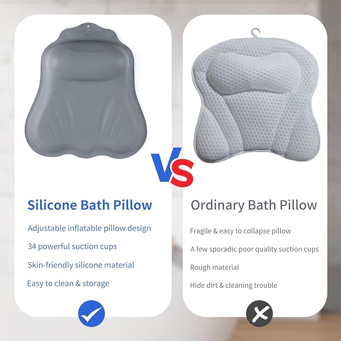Goowin Bath Pillows for Tub, New Generation Skin-Friendly Silicone Bath Pillow, Luxury Bathtub Pillow for Head and Neck, Powerful Suction Tub Pillow for Bathtub with Inflatable Airbag (Grey)