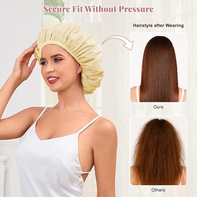 Shower Cap for Women Waterproof Reusable, Large Shower Cap Non-Slip with Elastic Band, Washable Bath Hair Hat for Long Hair, Braids (Light Yellow)