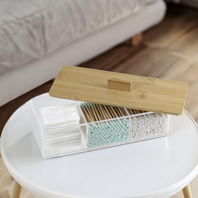 ZEXALOR Clear Bathroom Dresser Organizer - Cotton Ball Swab Holder with 3 Divided Compartments&Lid, Waterproof Transparent Small Plastic Storage Containers, Vanity Makeup Organization