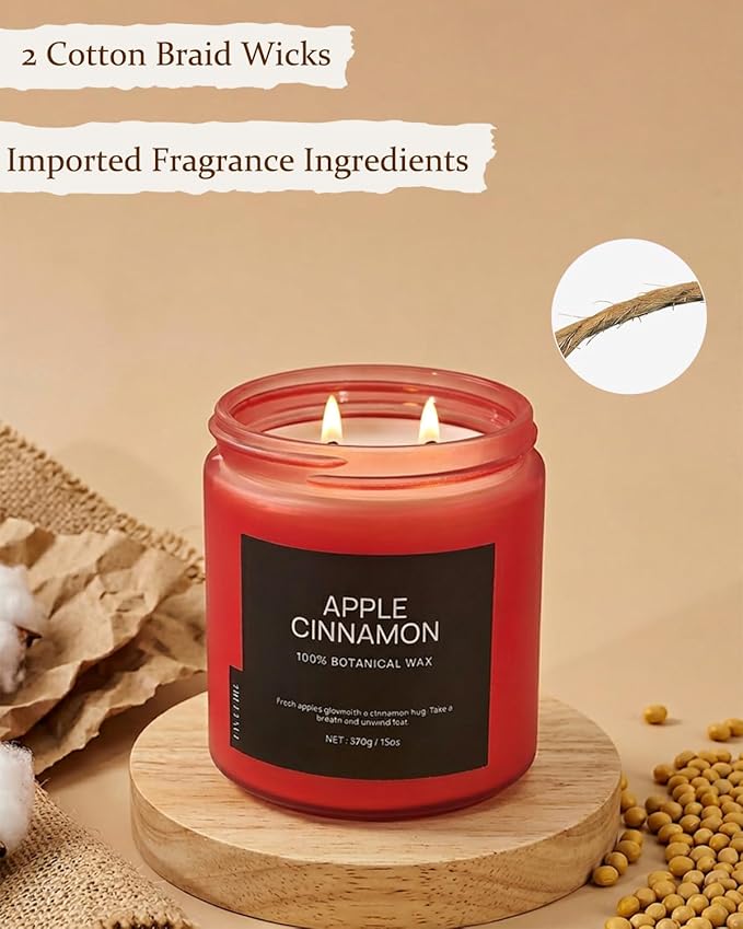 Apple Cinnamon Home Scented Candles, 13oz Organic Soy Wax, 76-Hour Clean Burning, Natural Candles Non Toxic, Spicy & Sweet Scent for Relaxation, Aromatherapy Housewarming Candle for Men Women