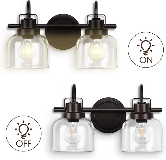 2 Lights Bathroom Vanity Light, Bronze Modern Wall Light Fixtures Over Mirror, Industrial Wall Sconce with Clear Glass Shade, Farmhouse Wall Sconce for Bedroom, Living Room, Hallway(Exclude Bulb)