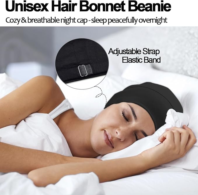 Sleep Cap Bonnet for Sleeping Black Women, Adjustable Cooling Ice Silk Lined Bonnet for Curly Braids Hair Cover Beanie Hat