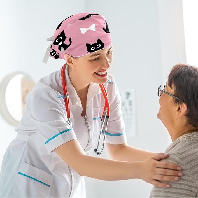 Scrub Caps Women Ponytail Cute Pink and White Leaves Caps Bouffant Working Hat Elastic Tie Back Hats with Button