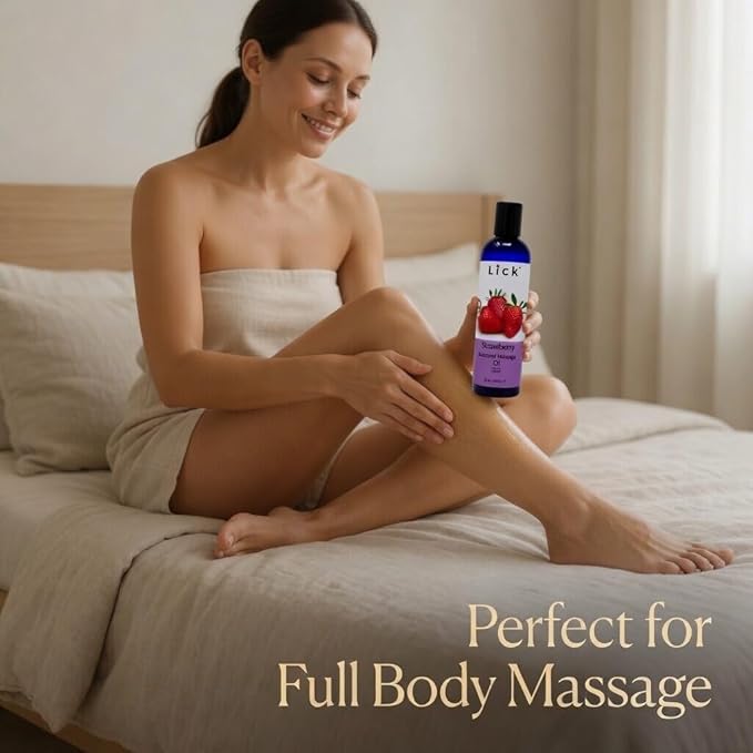 Lick Strawberry Flavored Massage Oil with Natural Vitamin E - Aromatherapy & Moisturizing Body Oil for Relaxing Muscle Massage - Essential Non-Sticky Skin Therapy for Men and Women - 4 oz