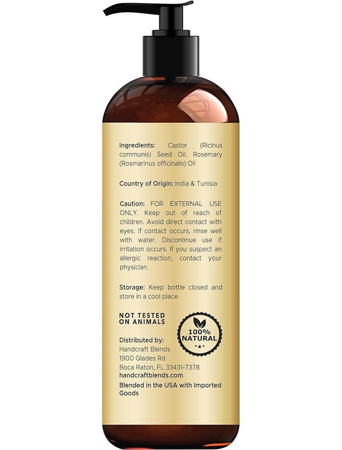 Handcraft Blends Castor Oil with Rosemary Oil 8 Fl Oz | 100% Pure and Natural | Premium Grade Carrier Oil | Hair, Eyelashes and Eyebrows | Hair and Body