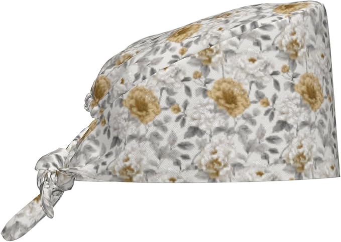 Scrub Cap for Women and Men Boho Black Leaf Pattern Adjustable Breathable Sweatband Hat for Work Kitchen Spa Shower Daily Use