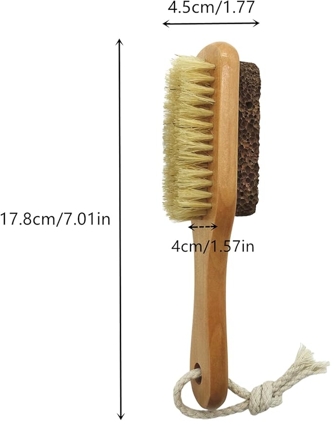 Natural Lava Pumice Stone for Feet with Brush, 2 Pcs Callus Remover Foot Scrubber Exfoliator Pedicure Tools for Hard Dead Skin, Smoother Feet, Double Sided Boar Bristles Wooden Handle, Random