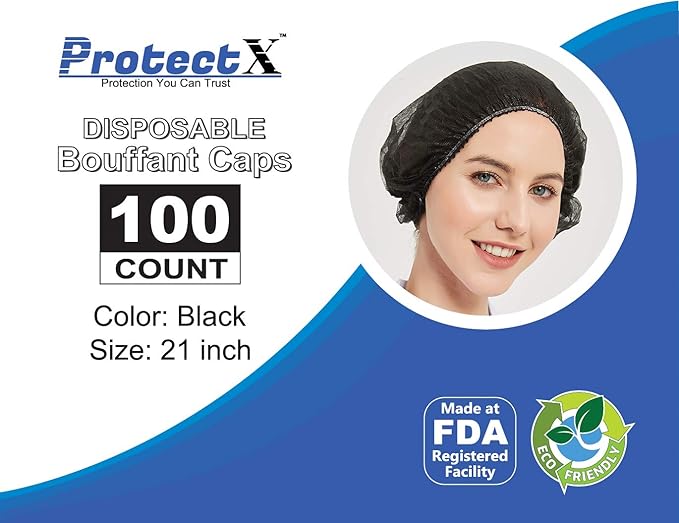 ProtectX 100-Pack Black Disposable Hair Nets, Elastic Head Cover, Bouffant Caps, Sanitation Head Cover for Food Service, Spa Men & Women - 21 inch