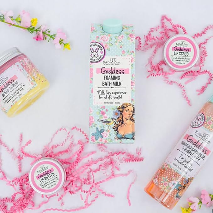 Bella & Bear Goddess Mega Bath & Body Gift Set with Foaming Shower Gel & Bubble Bath, Bath Milk, Body Scrub & Lip Scrub and Lip Butter - Gift for Women