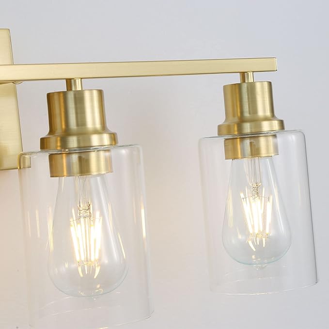 3-Lights Gold Bathroom Light Fixture, Brushed Brass Vanity Light with Clear Glass Shade, Modern Bath Wall Lights for Living Room, Hallway, Bedroom