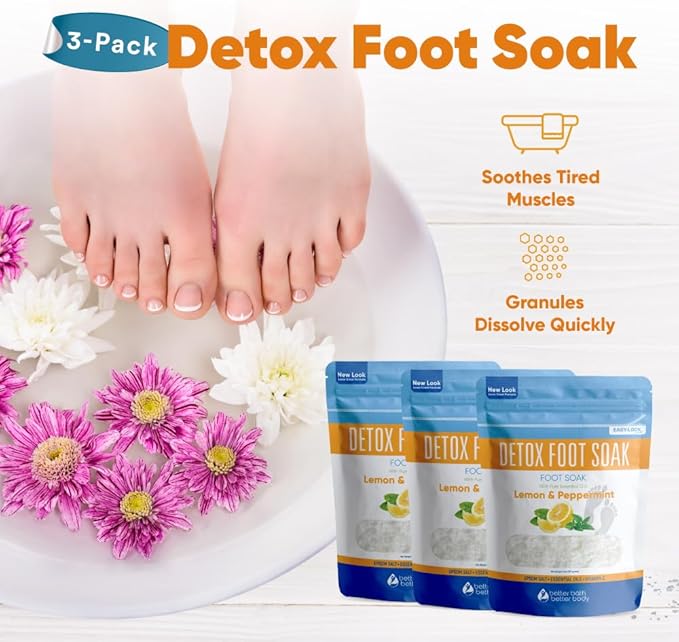 Detox Foot Soak (3 Pack) Epsom Salt Soothing Soaks and Athlete's Foot Detox with Essential Oils in BPA Free Pouch with Press Lock Seal (Bundle with Three 2 Lbs Pouches 6 Lbs Total)