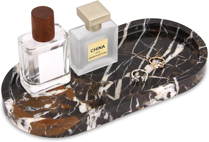 Natural Marble Tray Oval, Bathroom Vanity Tray for Countertop, Elegant Stone Decorative Organizer for Perfume, Jewelry, Home Decor (1, Black Gold, 10 x 5 x 0.6)