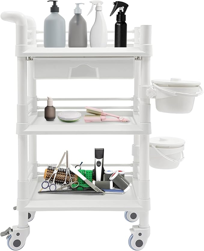 Salon Storage Cart, 3 Tier Rolling Beauty Organizer with 2 Garbage Baskets & 1 Drawer, 80kg/176.37lbs Capacity, Movable Storage Trolley for Beauty Salon SPA (White)