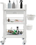 Salon Storage Cart, 3 Tier Rolling Beauty Organizer with 2 Garbage Baskets & 1 Drawer, 80kg/176.37lbs Capacity, Movable Storage Trolley for Beauty Salon SPA (White)
