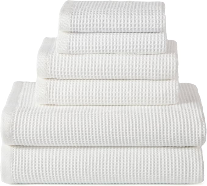 ecolook 6-Piece Towel Set, 100% Cotton, 31“x63” | 2 Bath Sheets, 2 Hand Towels, 2 Washcloths | Ultra-Soft, Absorbent, Quick-Dry Waffle-Weave Towels for Home, Hotel, Spa, Gym - White