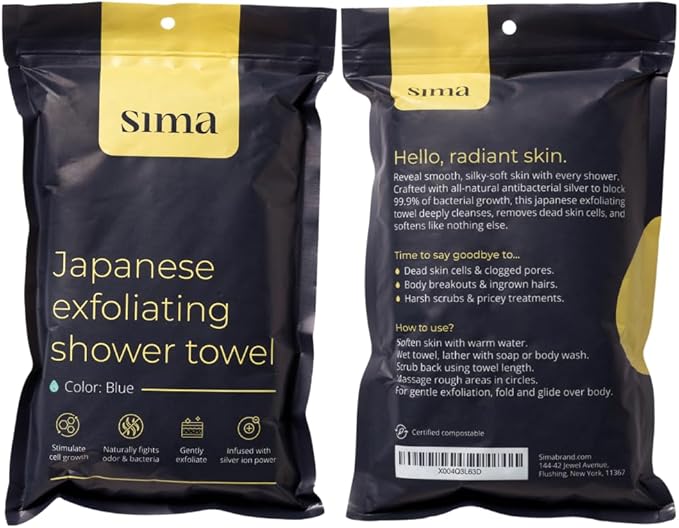 Sima Brand Exfoliating Washcloth Face & Body Scrub Towel - Japanese Exfoliating Towel with Hexagon Fibers, Body Scrubber with 2 Sides for Scrubbing & Washing, Extra Long Body Towels (Green)