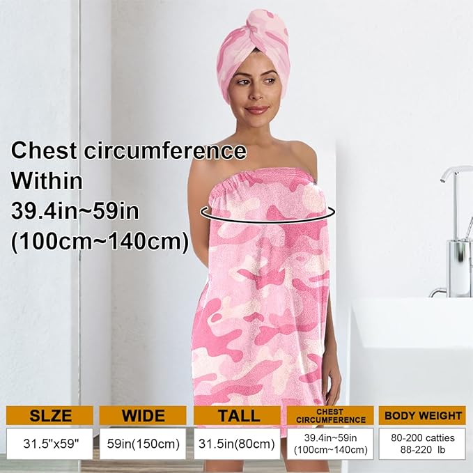 Women's Pink Camo Towel Wrap and Hair Drying Cap Set – Quick Dry Microfiber Shower Wrap with Adjustable Closure – Spa, Dorm, Gym, Military Gift for Her