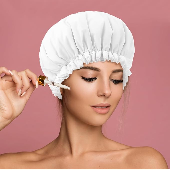 Reusable Shower Caps for Women, Terry Cloth Lined Shower Cap Double Layer Reusable Bath Cap Waterproof Elastic Band Hair Cap for All Hair Lengths for Women Spa Home Salon Use(White)