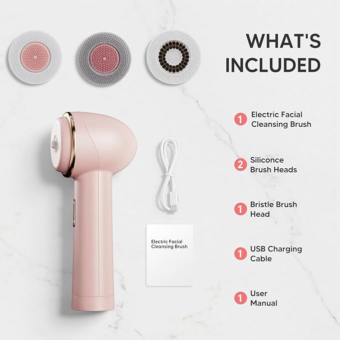 Electric Facial Cleansing Brush for Teen Girls, Rechargeable Waterproof Dual Rotating Face Scrubber with 3 Interchangeable Heads, Soft Silicone Face Brush, Pink