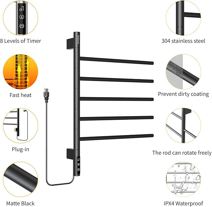 Z&Zhanle Heated Towel Racks for Bathroom - Warmers Rotating Electric Warmer with Built - in Timer, Hard-Wired/Plug-in,Whitek (Black)